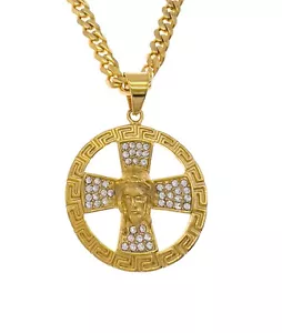 Kreuz Jesus Kopf Runde Anhänger Halskette Herren Vergoldet Edelstahl 32 Zoll - Bild 1 von 4
