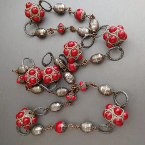 Silver Tone Red Glass Necklace Long Boho Ethnic Wire Wrapped Stations 32" - Picture 1 of 7