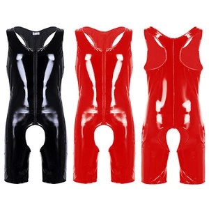 Herren Lackleder offenem Schritt Bodysuit Overall mit Reißverschluss Unterwäsche - Bild 1 von 24