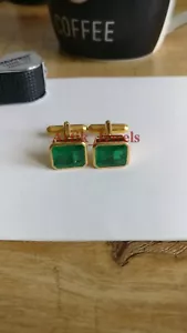 Simulated Emerald Gemstone With 14K Gold Plated Silver Cufflink #677 - Picture 1 of 13