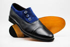 Men Handmade Shoes Black Leather Blue Suede Oxford Buttons Toe Cap Formal Boots
