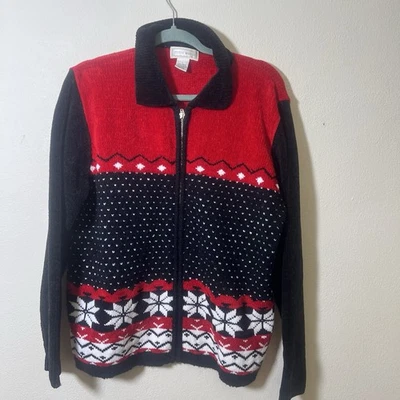 Suéter feminino Studio Works Fair Isle grande zíper frontal floral vermelho preto corações - Imagem 1 de 4