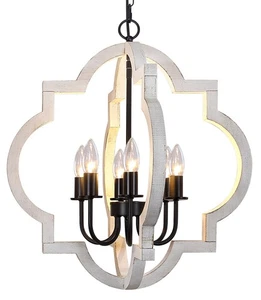 21'' Farmhouse Wood Chandelier, 6-Light Distressed White Dining Room Light Fi... - Picture 1 of 9