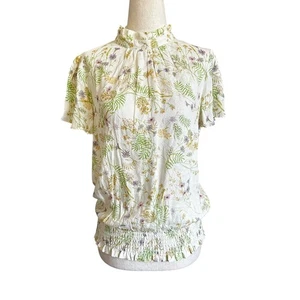 Rosa und olivgelb/bunt geblümtes Top Damen Bluse Größe Small | 74-5 - Bild 1 von 6