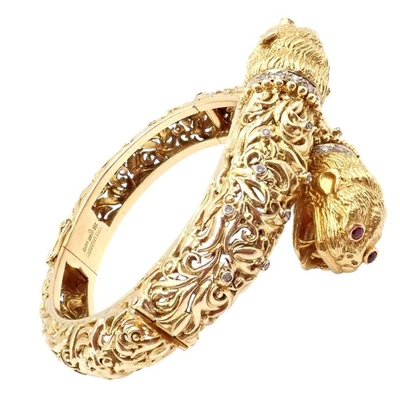 Rare Ilias Lalaounis 18k Yellow Gold Double Chimera Diamond Ruby Bangle Bracelet - Image 1 of 4