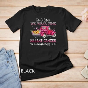 In October We Wear Pink Ribbon Leopard Truck Breast Cancer Unisex T-shirt - Picture 1 of 15