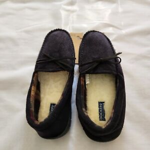 Docker’s Slippers Men's L 9/10 Black Moccasin Slippers Plaid Lining & Fur Insole