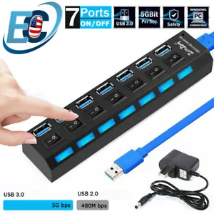 USB 3.0 Hub 7 Port On/Off Switch High Speed Splitter AC Adapter Cable PC Laptop - Picture 1 of 15