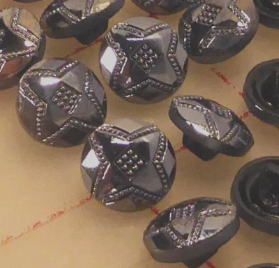 12 MEDIUM Czech Glass Shank Button Diamond Flower Design Hematite 1/2" 13mm #389 - Image 1 of 4