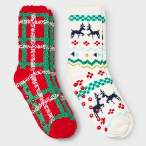 2 pair XS/S (11-1) Cat & Jack Kid's Super Soft Crew Xmas Fuzzy Gripper Socks - Picture 1 of 1