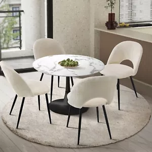 Oikiture 90cm Round Dining Table with 4PCS Dining Chairs Sherpa White - Picture 1 of 10