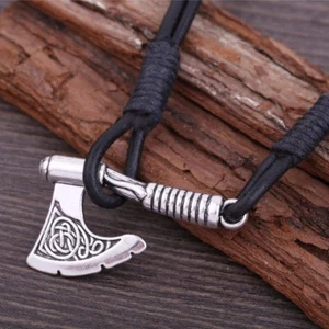 Pulsera envolvente de cuero negro vintage eslava Perun hacha vikinga joyería punk para hombre - Imagen 1 de 5