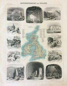 Karte der Britischen Inseln von Leeder & Schade farbige Holzstichvignetten - Bild 1 von 2