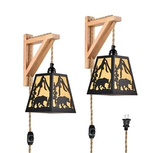 Wall Sconces Set of Two Plug in,Rustic Bear Dimmable Wall Sconce with Wood Sh... - Picture 1 of 7