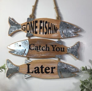 Gone Fishin’ ~Catch You Later~ Letrero de madera con forma de pez~cuerda~acentos metálicos~20” - Imagen 1 de 22