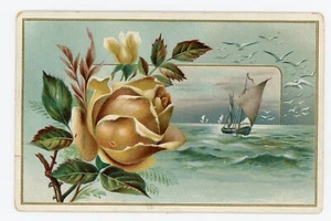 Remer's Tea Store Syracuse NY Victorian Trade Card Embossed Rose with Ship Ocean - Picture 1 of 2