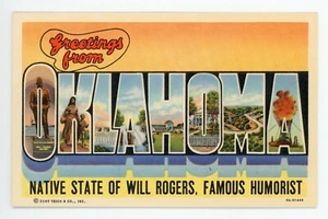 Greetings from Oklahoma Native State of Will Rogers, Humorist Linen Postcard - Picture 1 of 2