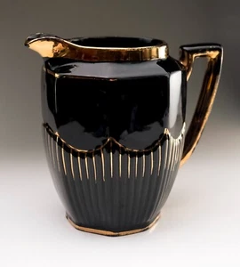 Jackfield Type Black, Gilt Gold Jet Ware Pitcher Jug, Gibsons, Red Earthenware - Picture 1 of 15