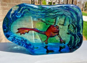 Signierter Steven Lundberg Glaskunst Skulptur Frosch im Teich Briefbeschwerer 1998 - Bild 1 von 11