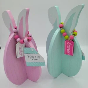 2 Pastel Wooden Easter Bunny Rabbit Egg Table Decor - Picture 1 of 4