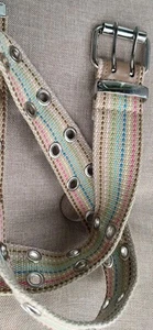 Y2K Grommet Double Eyelet Weave Belt Double Pin Prong Buckle Multicolor Stripes - Picture 1 of 7