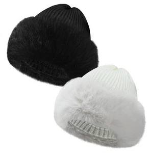 2 Pcs Faux Fur Knit Beanie Winter Satin Lined Beanie Hat Warm Cuffed Plain Ha... - Picture 1 of 5