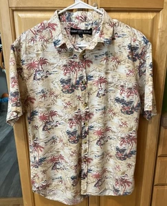 Men’s Sunday Work Clothes Button Hawaiian Shirt L.Beige Floral Short Sleeve.euc - Picture 1 of 14