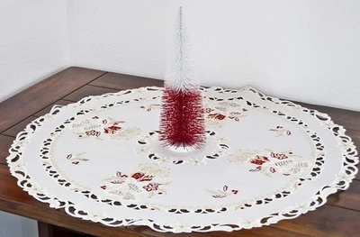 Embroidered Holiday Red Candle on Ivory with Cut Out Lace Bell Doily (34" Round) - Image 1 of 4