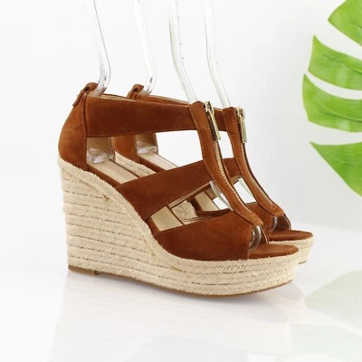 Michael Kors Women Damita Sandal Size 6 Brown Wedge Platform Espadrille Zip - Image 1 of 4