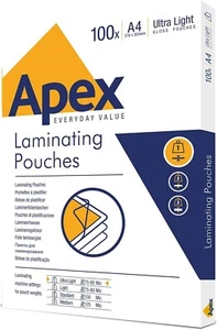 Apex A4 Laminating Pouches, Glossy Finish, 100 Sheets - Super-Flex Ideal for N - Picture 1 of 7