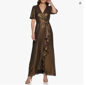 DKNY Women's Foil Chiffon Ruffle Skirt V-Neck Dress (Black & Gold, 16) - Picture 1 of 4