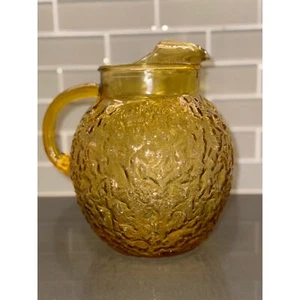 Vintage 60s Anchor Hocking 2QT Lido Milano Crinkle Glass Pitcher in Amber Gold - Picture 1 of 8