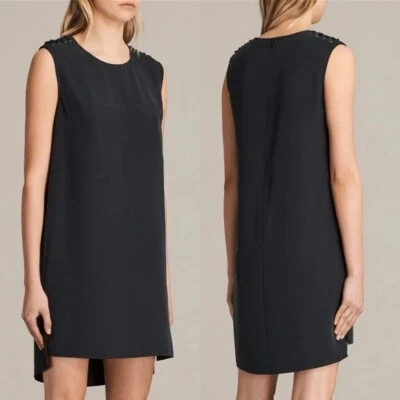 Allsaints Kaili Black Laced Dress Size 2 Shift Minimalist Split 100% Modal Mini Foto 1 de 4