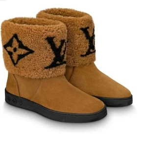 Louis VUITTON ANKLE SNOW BOOT COGNAC BROWN GIANT FLOWER MONOGRAM CANVAS 40= 10US - Picture 1 of 12