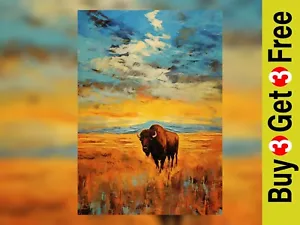 Majestic Bison Sunset Oil Painting Print, Wilderness Art  A3 / 12"x16" - Picture 1 of 6