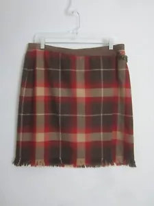 Jones New York Sport Womens 12 Brown Maroon Plaid Wool Wrap Skirt Fringe FLAW - Picture 1 of 12