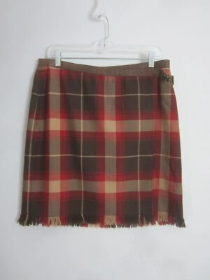 Jones New York Sport Mujer 12 Marrón Granate A Cuadros Lana Envolvente Falda Flecos DEFECTUOSA Foto 1 de 4