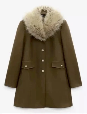 ZARA WOOL BLEND FITTED COAT LIGHT WHISKY FAUX FUR COLLAR SIZE S - Image 1 of 2