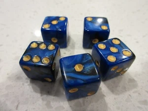 Game Dice Set of 5 DARK BLUE MARBLE 16mm Gaming Dice + FREE Las Vegas Poker Chip - Picture 1 of 5