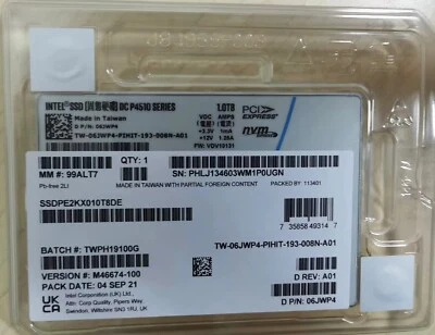 1TB Intel SSD P4510 Series DC NVME U.2 2.5" SSDPE2KX010T8DE Solid State Drive - Image 1 of 4