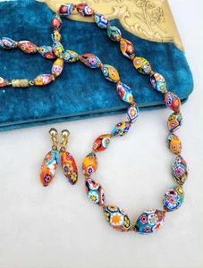 Vintage italienisches Murano Millefiori Glas handgeknüpft Perlen Halskette & Ohrring Set - Bild 1 von 6