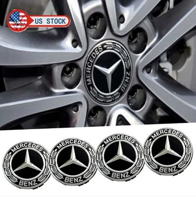 4pcs Mercedes-Benz Classic Black Wheel Center Hub Caps Emblem 75MM Laurel Wreath Foto 1 de 4