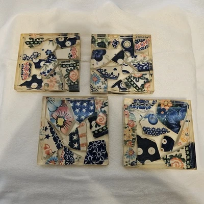 Juego de 4 posavasos de mosaico y acrílico de 4 pulgadas.  Vintage. Vidrio azul y blanco Foto 1 de 4