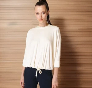SWEATY BETTY Top Size 6 Ivory Tori Drawstring Waist 3/4 Dolman Sleeve Shirt SOFT - Picture 1 of 12