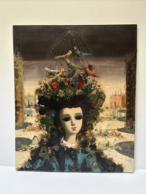 JEAN CALOGERO PAINTING SURREALIST BIRD CAGE HEAD WOMAN MODERNISM FAMOUS LISTED - Image 1 of 4