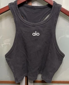 Alo Yoga Aspire Black Cropped Logo Racerback Ribbed Muscle Tank Top X-Small - Picture 1 of 2