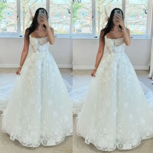 Sleeveless Wedding Dresses with Train Beach A Line Lace Appliques Bridal Gowns - Picture 1 of 8