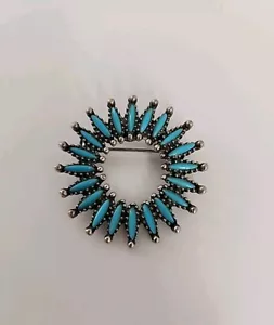 VTG Faux Turquoise Silver Tone Petit Point Southwest Starburst Brooch 1 3/8” - Picture 1 of 5