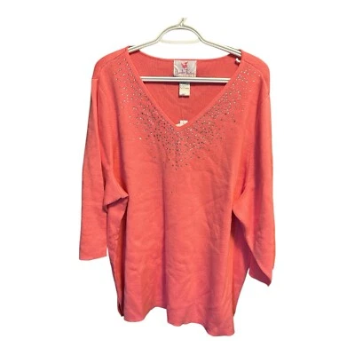 Quacker factory V Necked Sweater W/rhinestone Accents Coral Color 2X NWT - Image 1 of 4