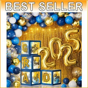 Blue Gold Graduation Party Essentials - 86 PCS LED Lights, Balloons & Backdrop - Picture 1 of 9